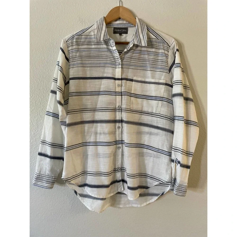 Michael Stars Size S Women's White Stripe Button Up Shirt Pocket‎ Long Sleeve